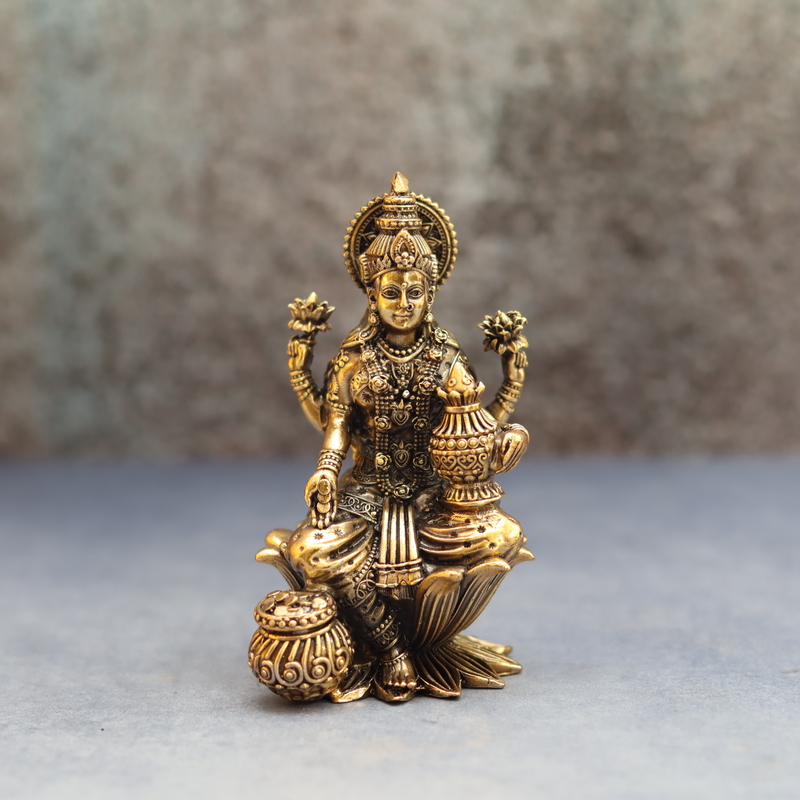 Premium Brass Goddess Dhana Lakshmi Idol sitting on Lotus With Kalash And Money Pot - 4 Inch Height