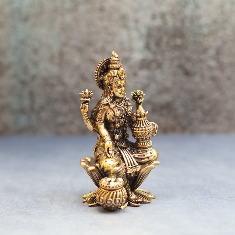 Premium Brass Goddess Dhana Lakshmi Idol sitting on Lotus With Kalash And Money Pot - 4 Inch Height
