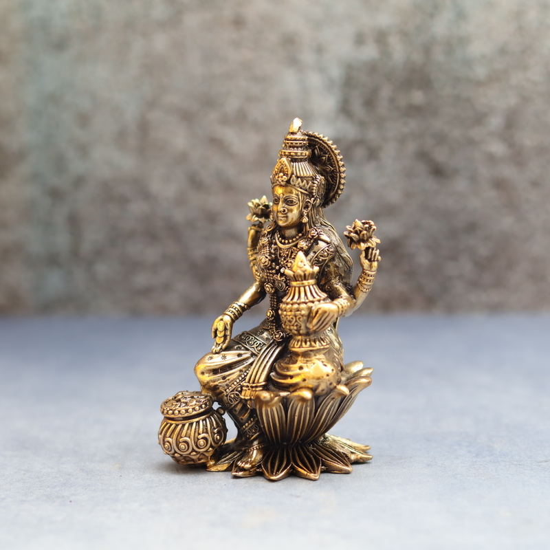 Premium Brass Goddess Dhana Lakshmi Idol sitting on Lotus With Kalash And Money Pot - 4 Inch Height