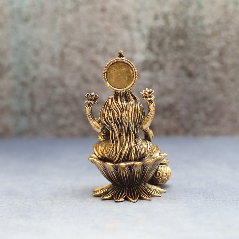 Premium Brass Goddess Dhana Lakshmi Idol sitting on Lotus With Kalash And Money Pot - 4 Inch Height