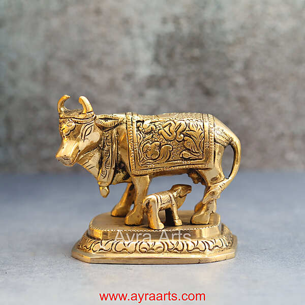 Brass Cow and Calf Figurine Gau Mata Idol for Home Temple - 3.5 Inch Height