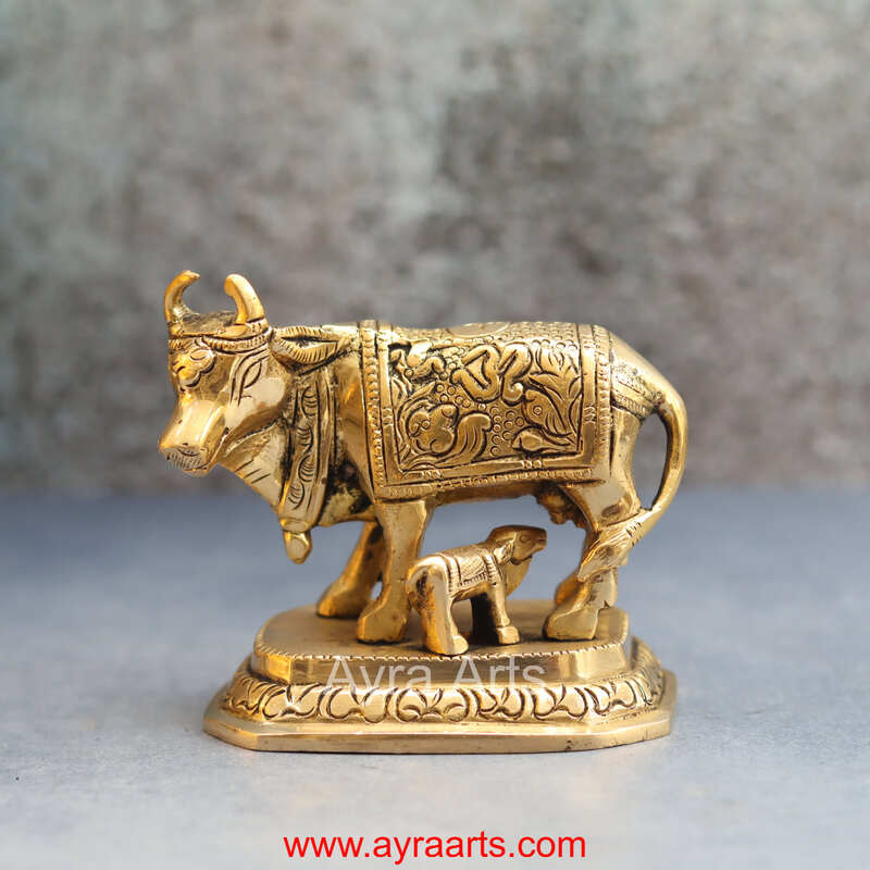 Brass Cow and Calf Figurine Gau Mata Idol for Home Temple - 3.5 Inch Height