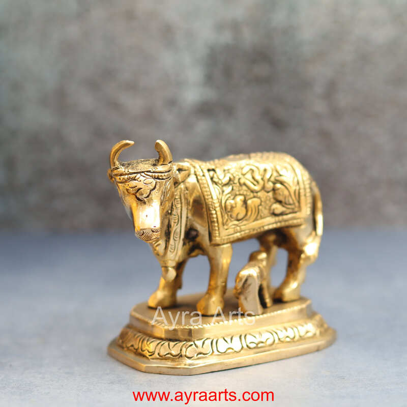 Brass Cow and Calf Figurine Gau Mata Idol for Home Temple - 3.5 Inch Height