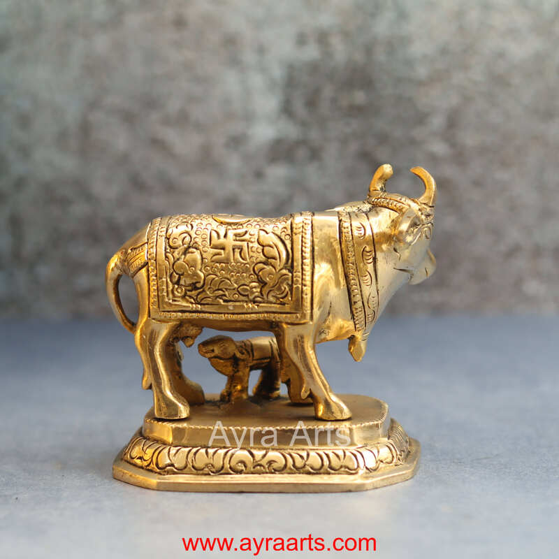 Brass Cow and Calf Figurine Gau Mata Idol for Home Temple - 3.5 Inch Height