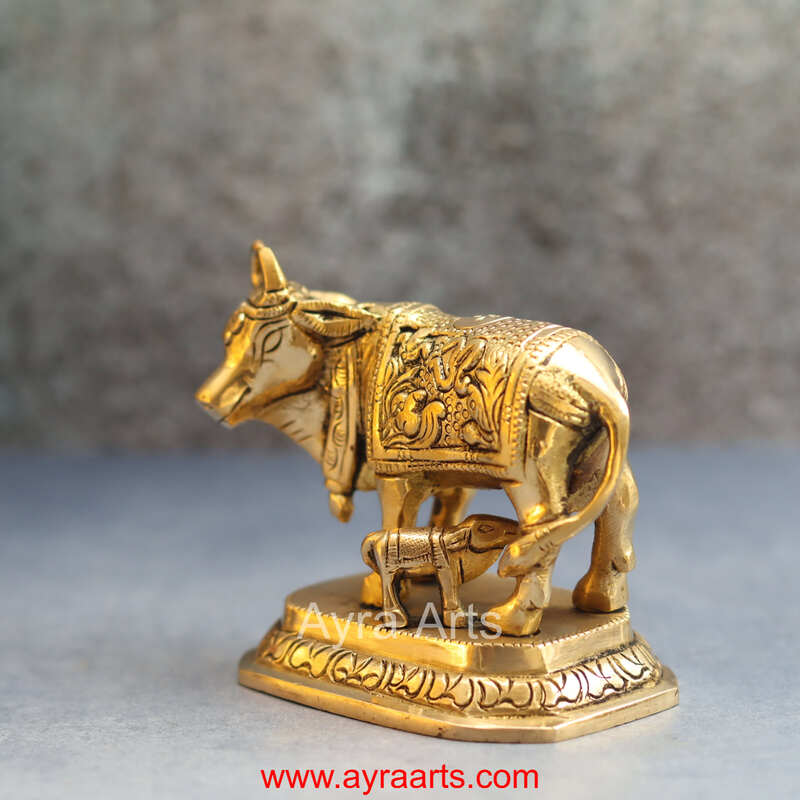 Brass Cow and Calf Figurine Gau Mata Idol for Home Temple - 3.5 Inch Height