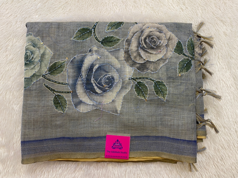 Madavi β The Linen Cotton Saree in Kantha Work 19239