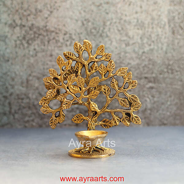 Brass Kalpavriksha Tree With Diya Table Decor - 6 inch Height | Brass Table Centerpiece