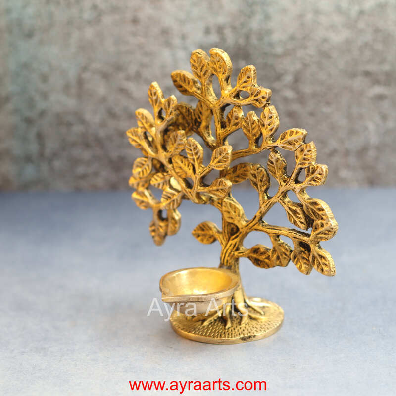 Brass Kalpavriksha Tree With Diya Table Decor - 6 inch Height | Brass Table Centerpiece