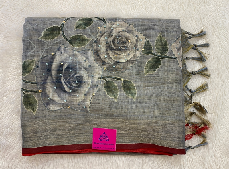 Madavi β The Linen Cotton Saree in Kantha Work 19238