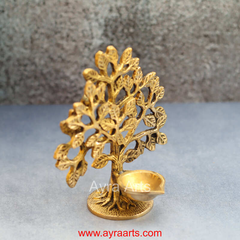 Brass Kalpavriksha Tree With Diya Table Decor - 6 inch Height | Brass Table Centerpiece