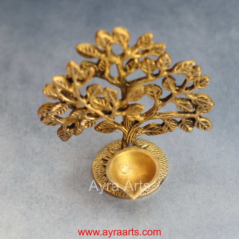 Brass Kalpavriksha Tree With Diya Table Decor - 6 inch Height | Brass Table Centerpiece