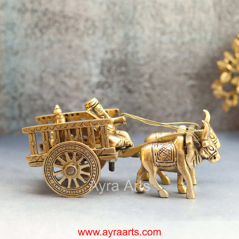 Brass Ganesha Double Bullock Cart Ganesha Cart Idol for Decor - 4 Inch Height