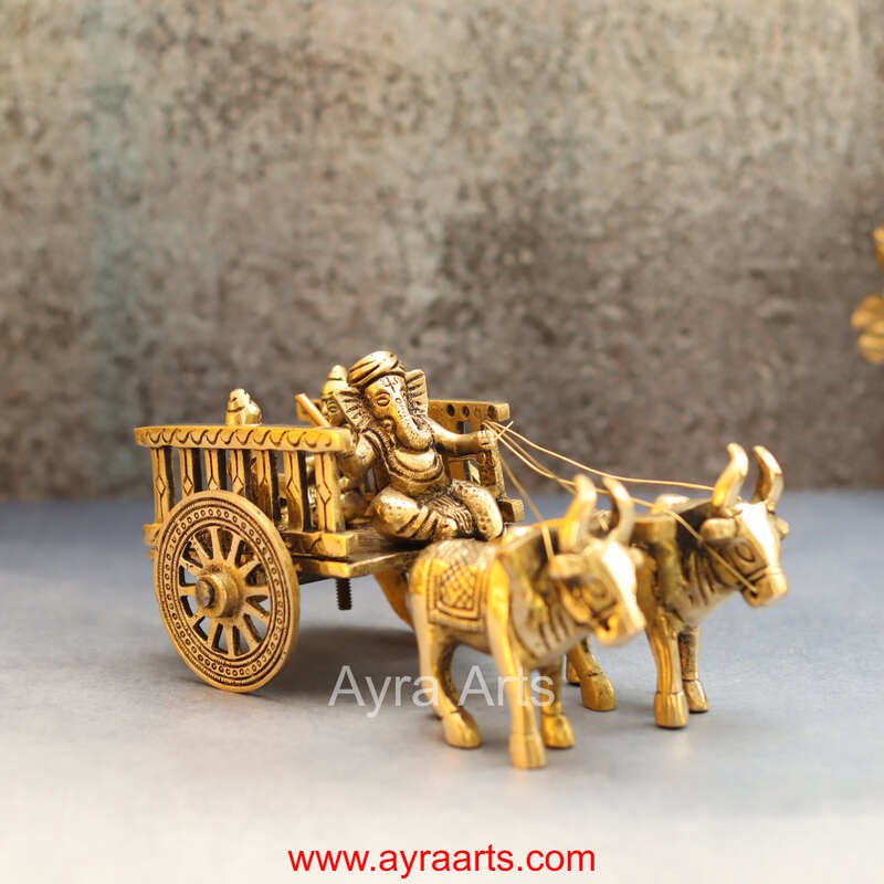 Brass Ganesha Double Bullock Cart Ganesha Cart Idol for Decor - 4 Inch Height