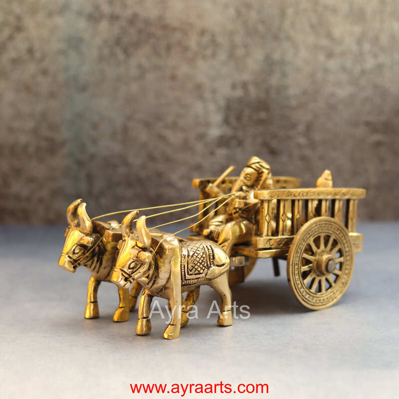 Brass Ganesha Double Bullock Cart Ganesha Cart Idol for Decor - 4 Inch Height