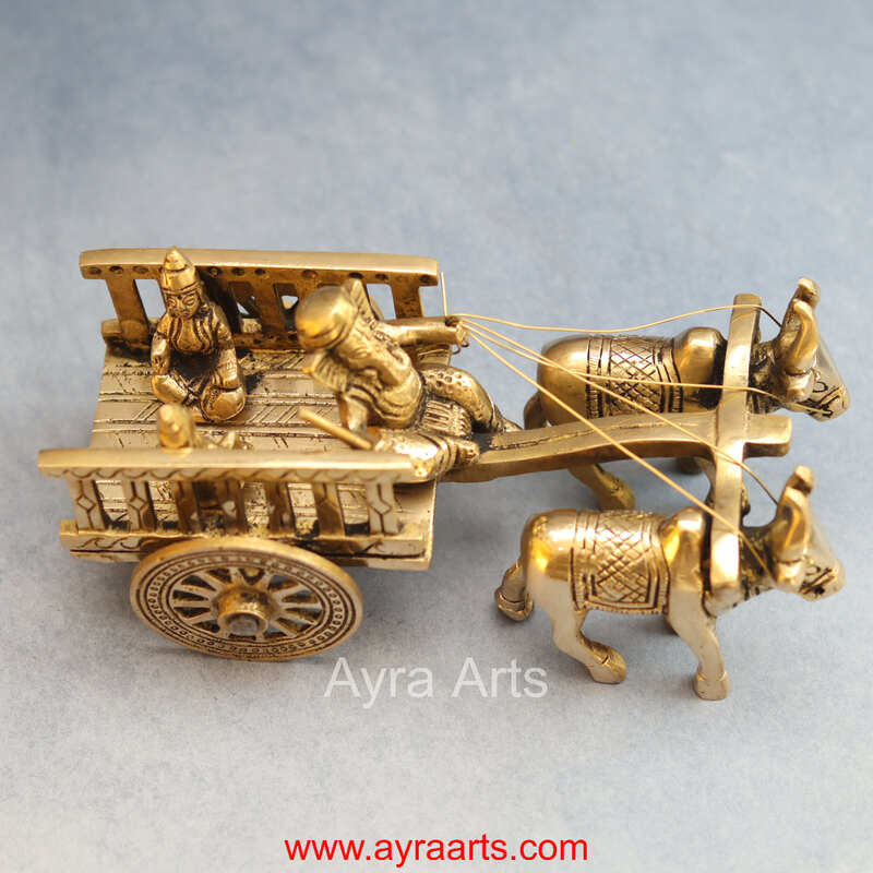 Brass Ganesha Double Bullock Cart Ganesha Cart Idol for Decor - 4 Inch Height