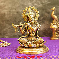 Brass Krishna Sitting Pose And Playing Flute- 7.5 Inch Height