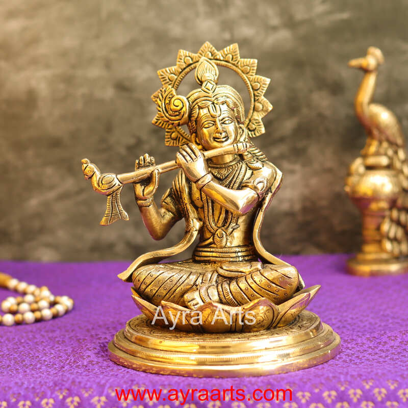 Brass Krishna Sitting Pose And Playing Flute- 7.5 Inch Height