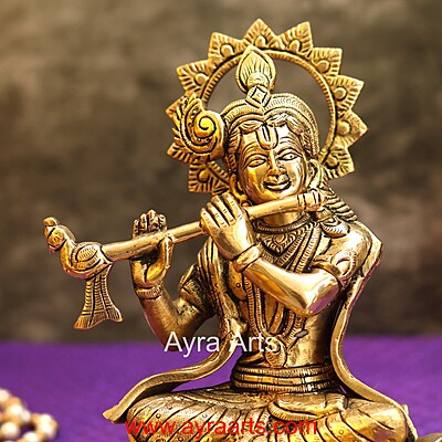 Brass Krishna Sitting Pose And Playing Flute- 7.5 Inch Height