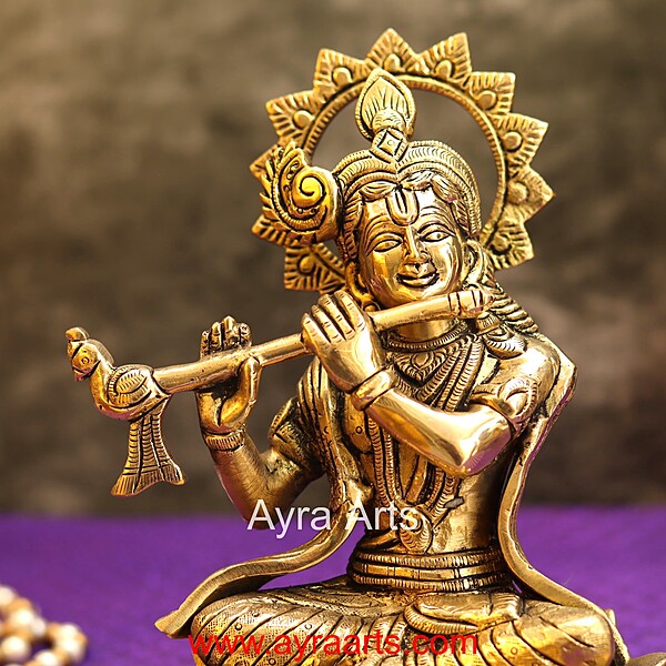 Brass Krishna Sitting Pose And Playing Flute- 7.5 Inch Height