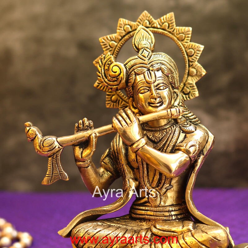 Brass Krishna Sitting Pose And Playing Flute- 7.5 Inch Height