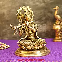 Brass Krishna Sitting Pose And Playing Flute- 7.5 Inch Height