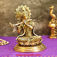 Brass Krishna Sitting Pose And Playing Flute- 7.5 Inch Height