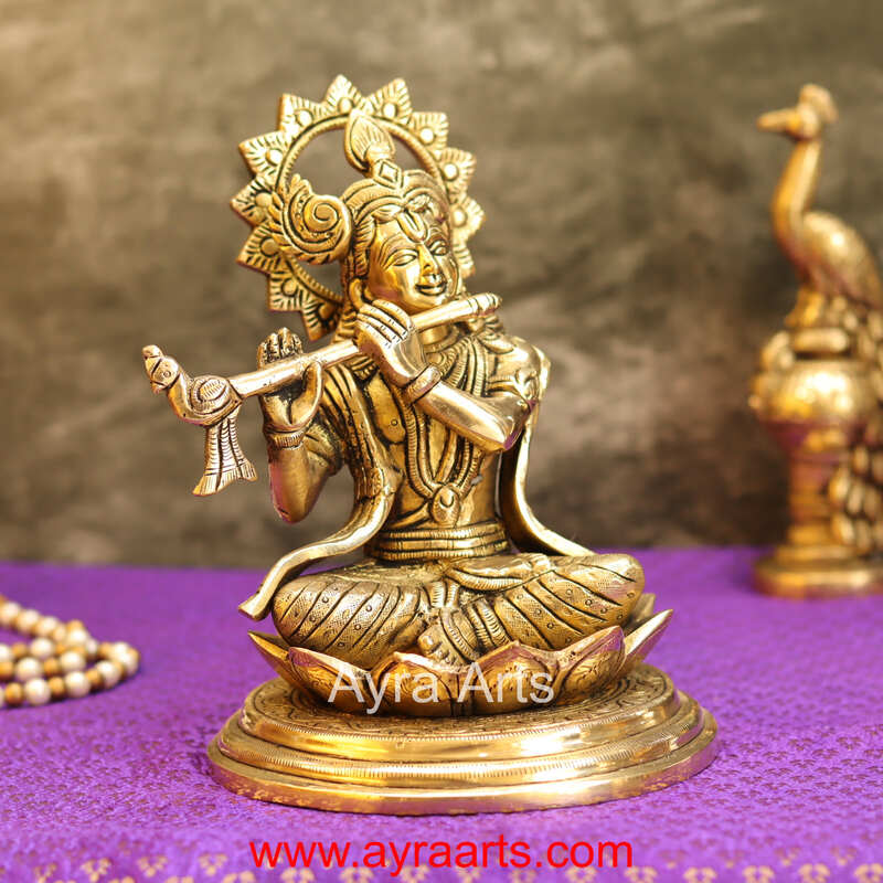 Brass Krishna Sitting Pose And Playing Flute- 7.5 Inch Height