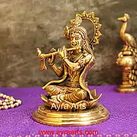 Brass Krishna Sitting Pose And Playing Flute- 7.5 Inch Height