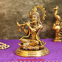 Brass Krishna Sitting Pose And Playing Flute- 7.5 Inch Height