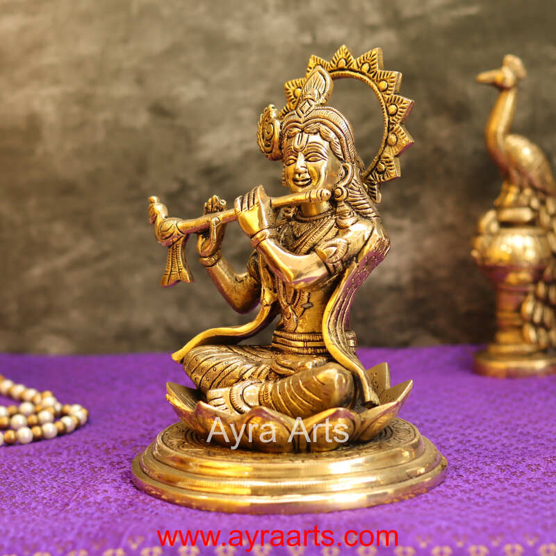 Brass Krishna Sitting Pose And Playing Flute- 7.5 Inch Height