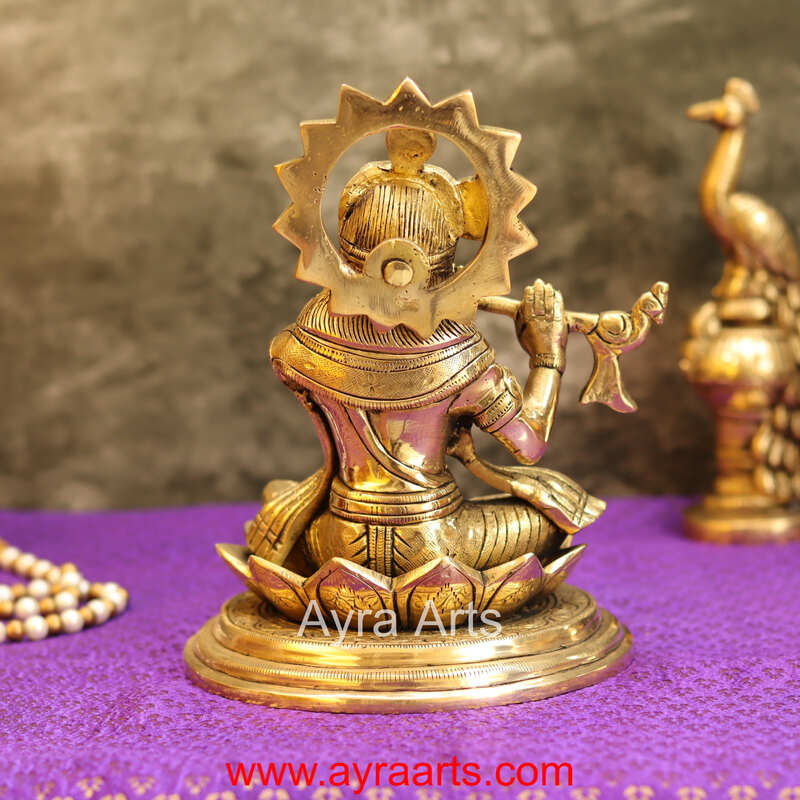Brass Krishna Sitting Pose And Playing Flute- 7.5 Inch Height