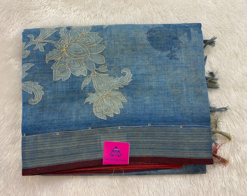 Madavi – The Floral Embroidery Linen Cotton Saree 19220