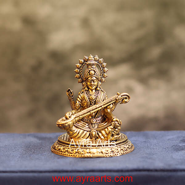 Premium Brass Shree Maa Saraswati Idol Hindu Goddess of Knowledge and Music Statue - 2.5 Inch Height