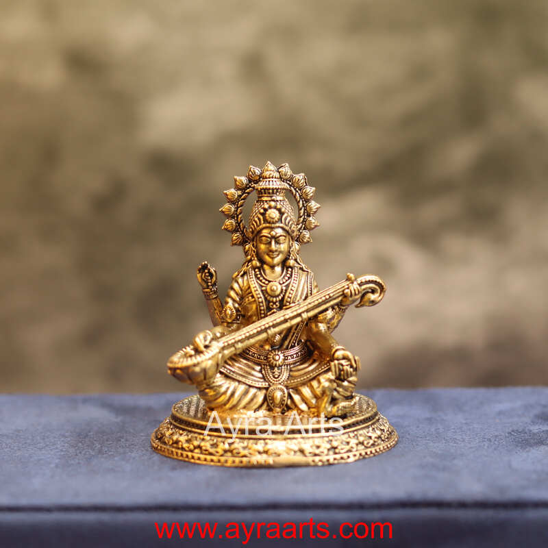 Premium Brass Shree Maa Saraswati Idol Hindu Goddess of Knowledge and Music Statue - 2.5 Inch Height