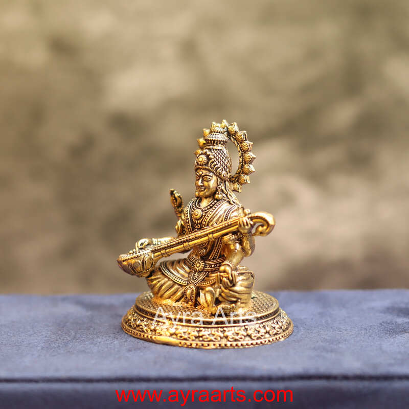 Premium Brass Shree Maa Saraswati Idol Hindu Goddess of Knowledge and Music Statue - 2.5 Inch Height