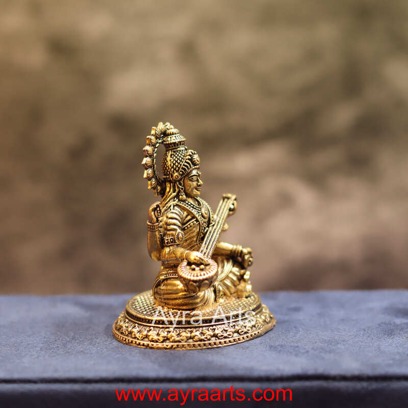 Premium Brass Shree Maa Saraswati Idol Hindu Goddess of Knowledge and Music Statue - 2.5 Inch Height