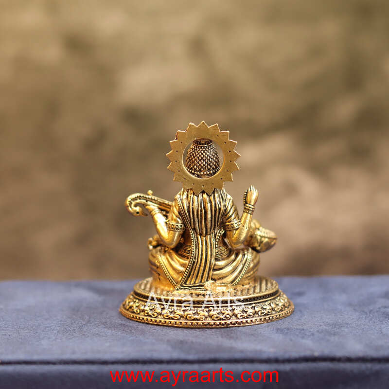 Premium Brass Shree Maa Saraswati Idol Hindu Goddess of Knowledge and Music Statue - 2.5 Inch Height