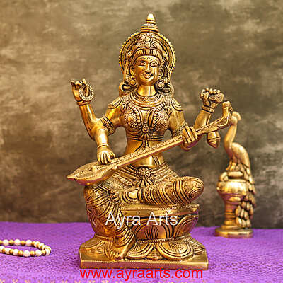 Brass Maa Veena Vadini Saraswati Idol - 12 Inch Height
