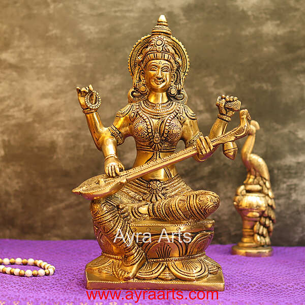 Brass Maa Veena Vadini Saraswati Idol - 12 Inch Height