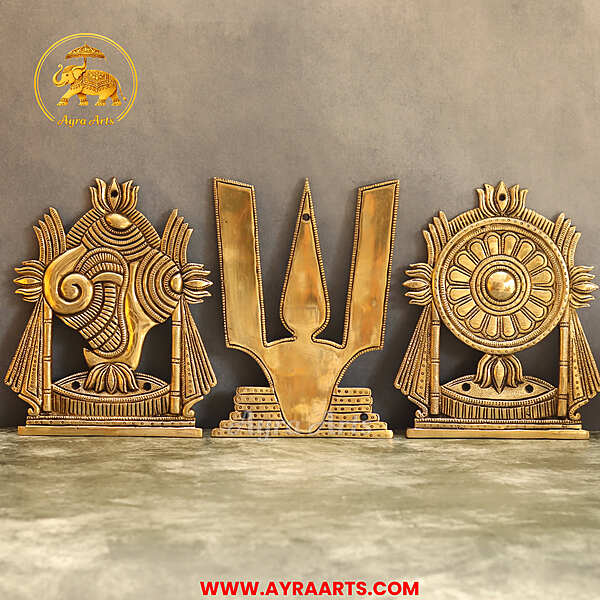 Brass Shankh Chakra Namah Set Of 3 Wall Plates For Home Pooja Entrance Decor - 9.5 Inch Height