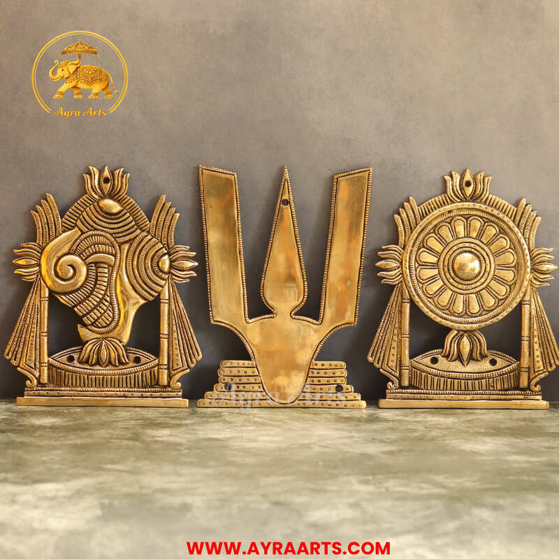 Brass Shankh Chakra Namah Set Of 3 Wall Plates For Home Pooja Entrance Decor - 9.5 Inch Height