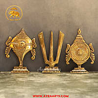 Brass Shankh Chakra Namah Set Of 3 Wall Plates For Home Pooja Entrance Decor - 8 Inch Height