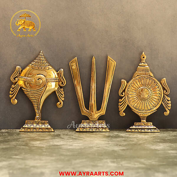 Brass Shankh Chakra Namah Set Of 3 Wall Plates For Home Pooja Entrance Decor - 8 Inch Height