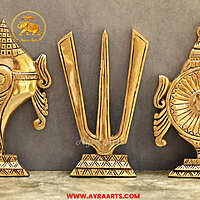 Brass Shankh Chakra Namah Set Of 3 Wall Plates For Home Pooja Entrance Decor - 8 Inch Height