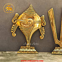 Brass Shankh Chakra Namah Set Of 3 Wall Plates For Home Pooja Entrance Decor - 8 Inch Height