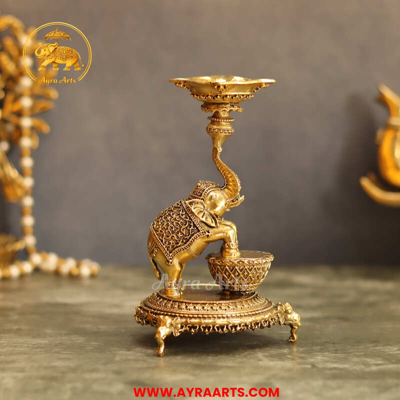 Premium Brass Elephant Holding Diya - 6 Inch Height