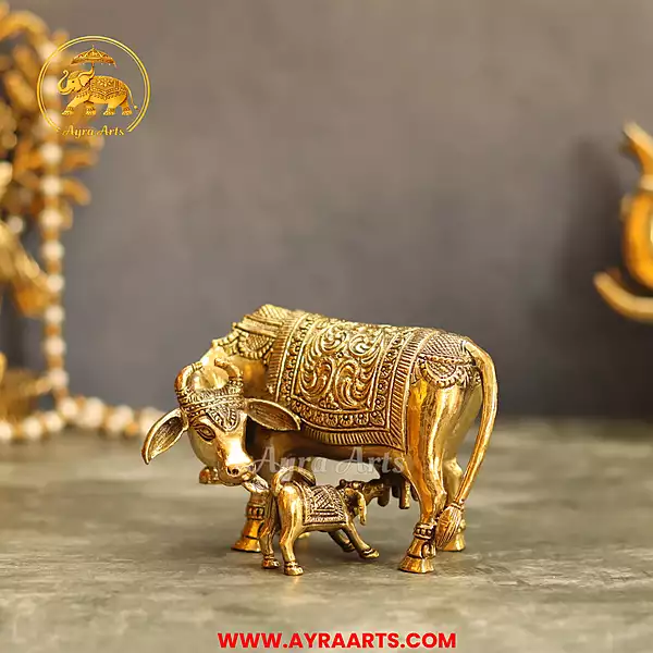 Premium Brass Cow And Calf Kamdhenu - 3.5 Inch Height