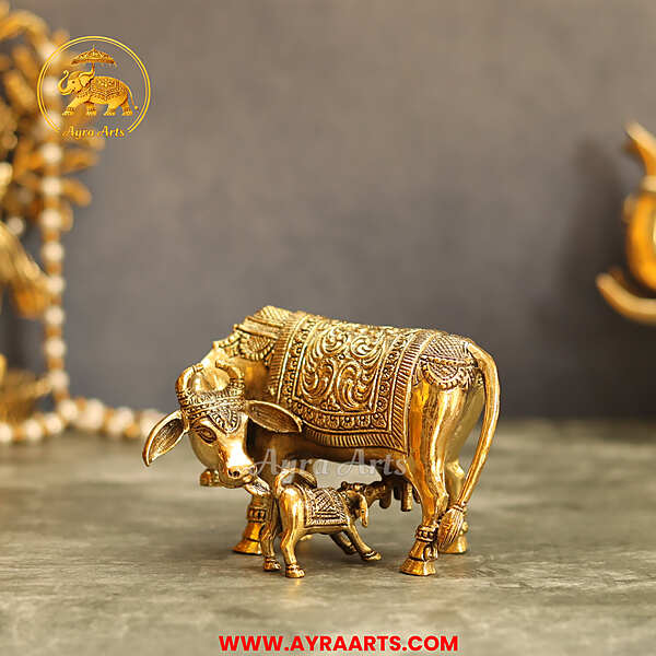 Premium Brass Cow And Calf  Kamdhenu - 3.5 Inch Height