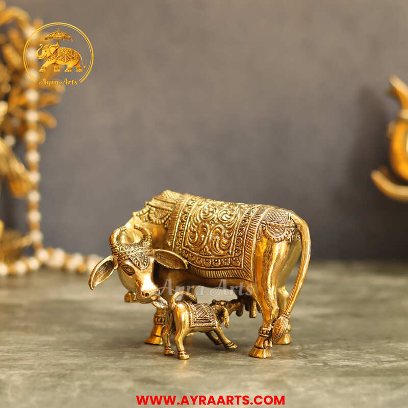 Premium Brass Cow And Calf  Kamdhenu - 3.5 Inch Height