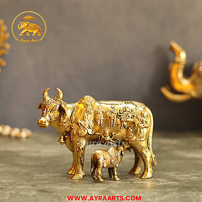 Premium Brass Cow And Calf  Kamdhenu - 5 Inch Length